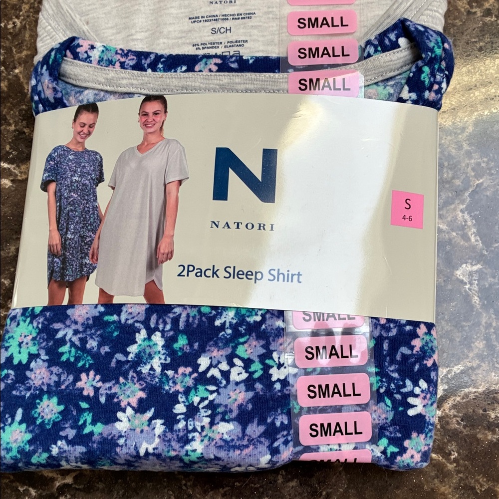 Natori Floral and Solid Sleep Shirt Set - Blue and Gray